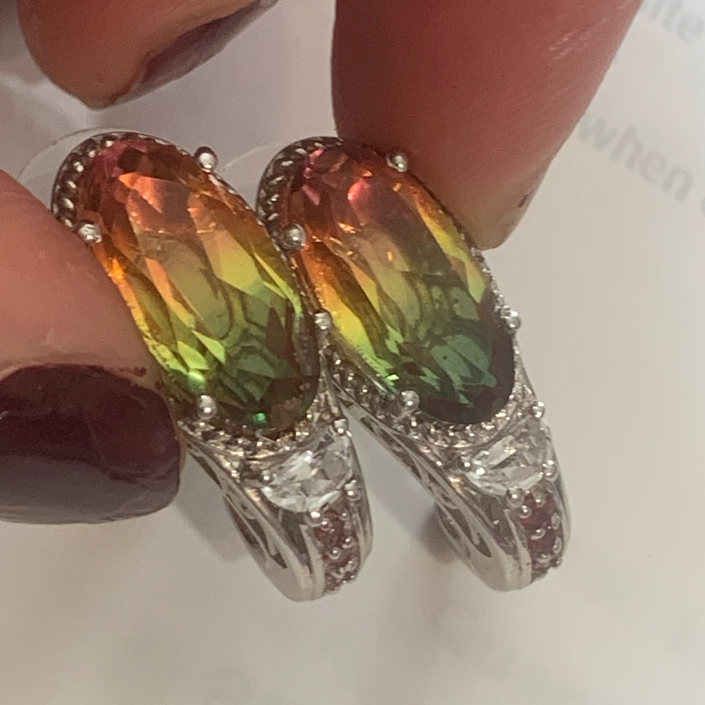 Platinum Plated 925 Rainbow Quartz with Mozambique Garnet J hook earrings NWOT